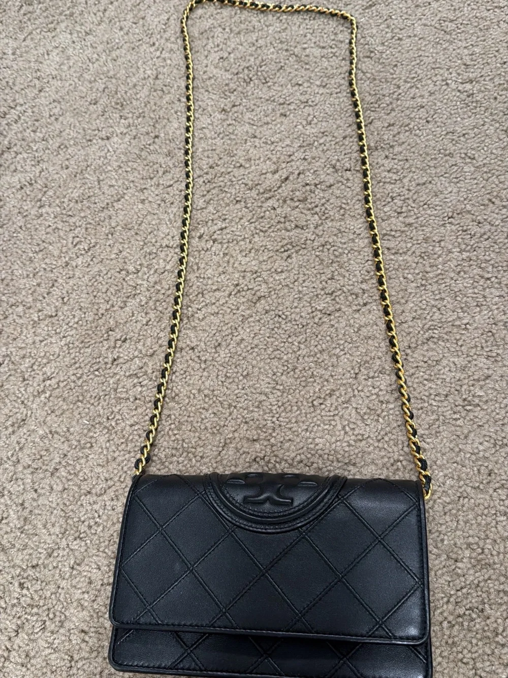 Tory Burch Black Quilted Leather Crossbody with Gold Chain